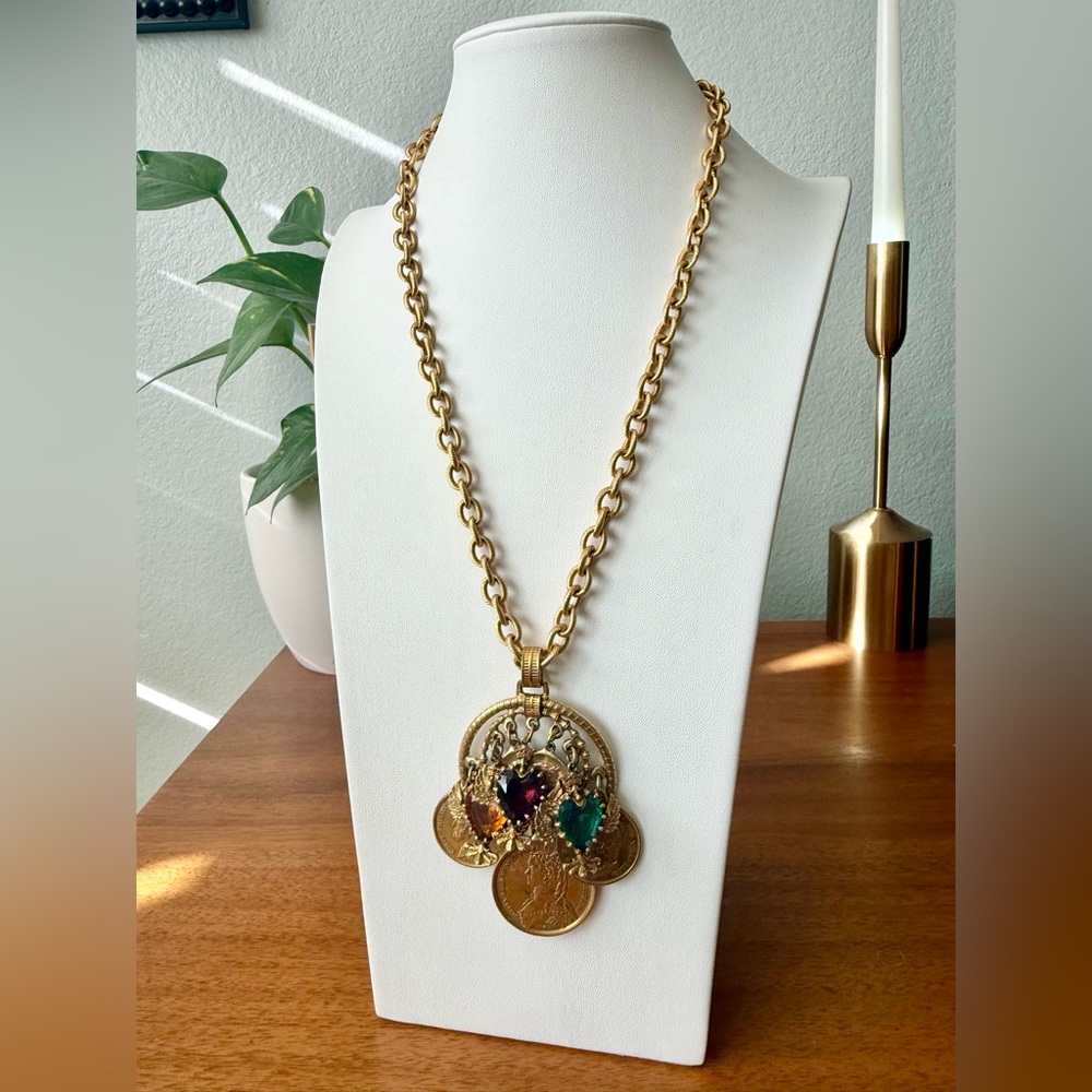 Vintage Arthur Pepper Signed ART Coins Crest Crown Pendant Gold Tone Necklace